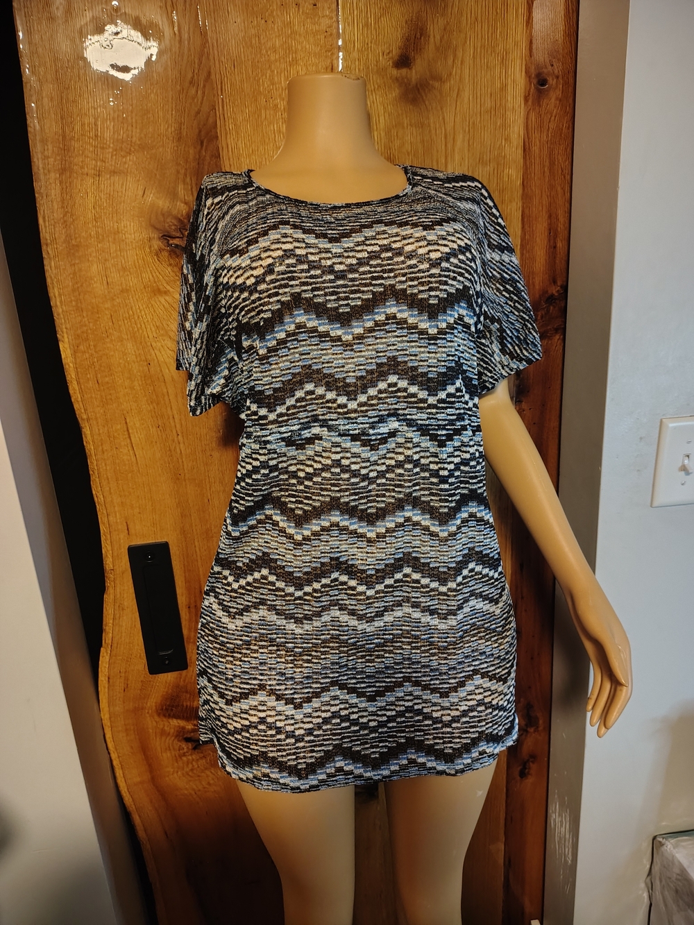 Y2K Blue Chevron Mesh Knit Tunic - Coastal Boho Flutter Sleeve Top